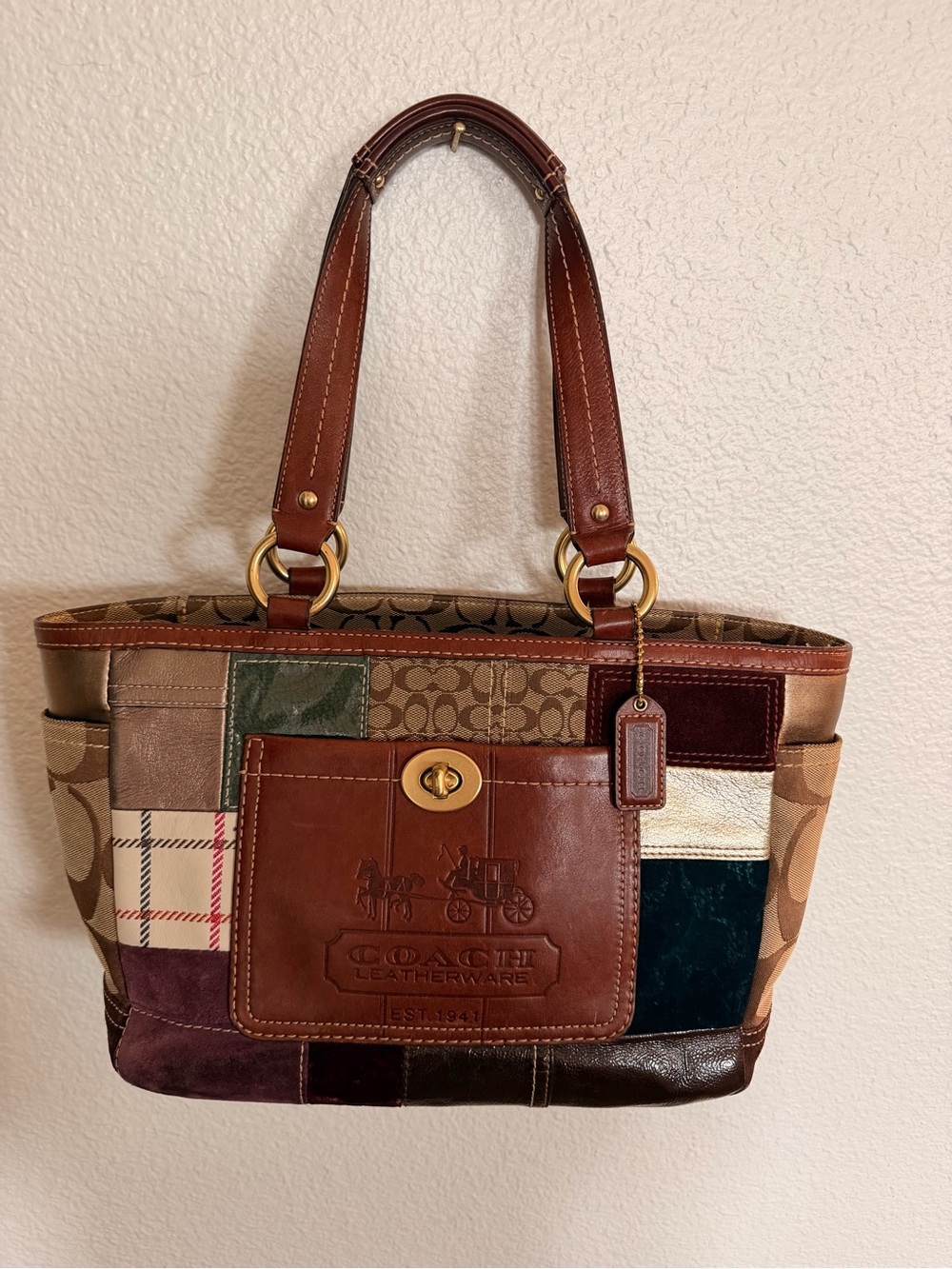 Coach Bleeker Holiday Patchwork Leather Tote Bag - Brown Multi